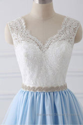 V Neck Light Blue Lace Semi Formal Prom Dresses, Light Blue Lace Formal Evening Dresses